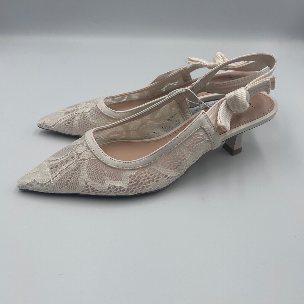 A New Day Milan Cream Floral Lace Slingback Kitten Heels Bow Pointed Toe 6.5